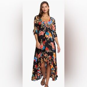 Johnny Was Black Royal Print Long Ruffle Kimono floral high low